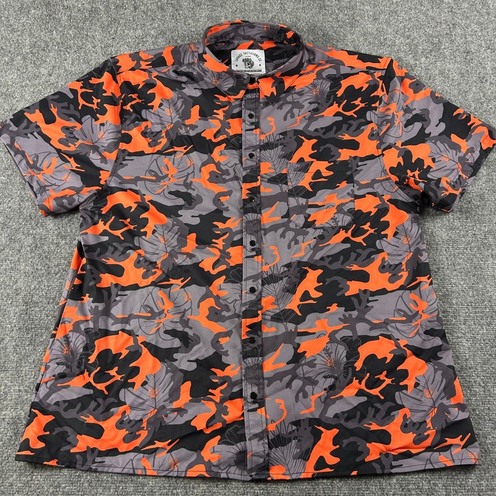 Savage Tacticians Button Up Mens XL Orange Camo Tropical Floral Stretch Shirt